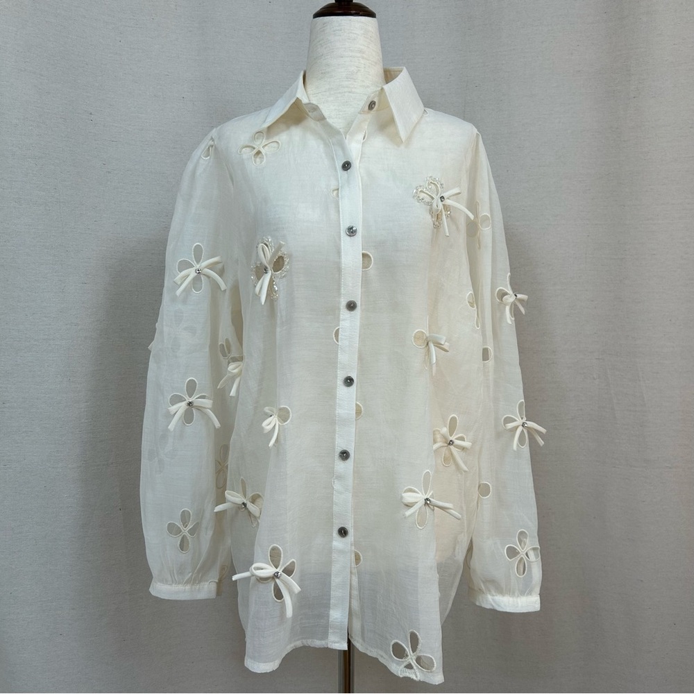 Muy Muy Fancy Collection Cream Button Down Shirt with Relaxed Fit and Tie Front